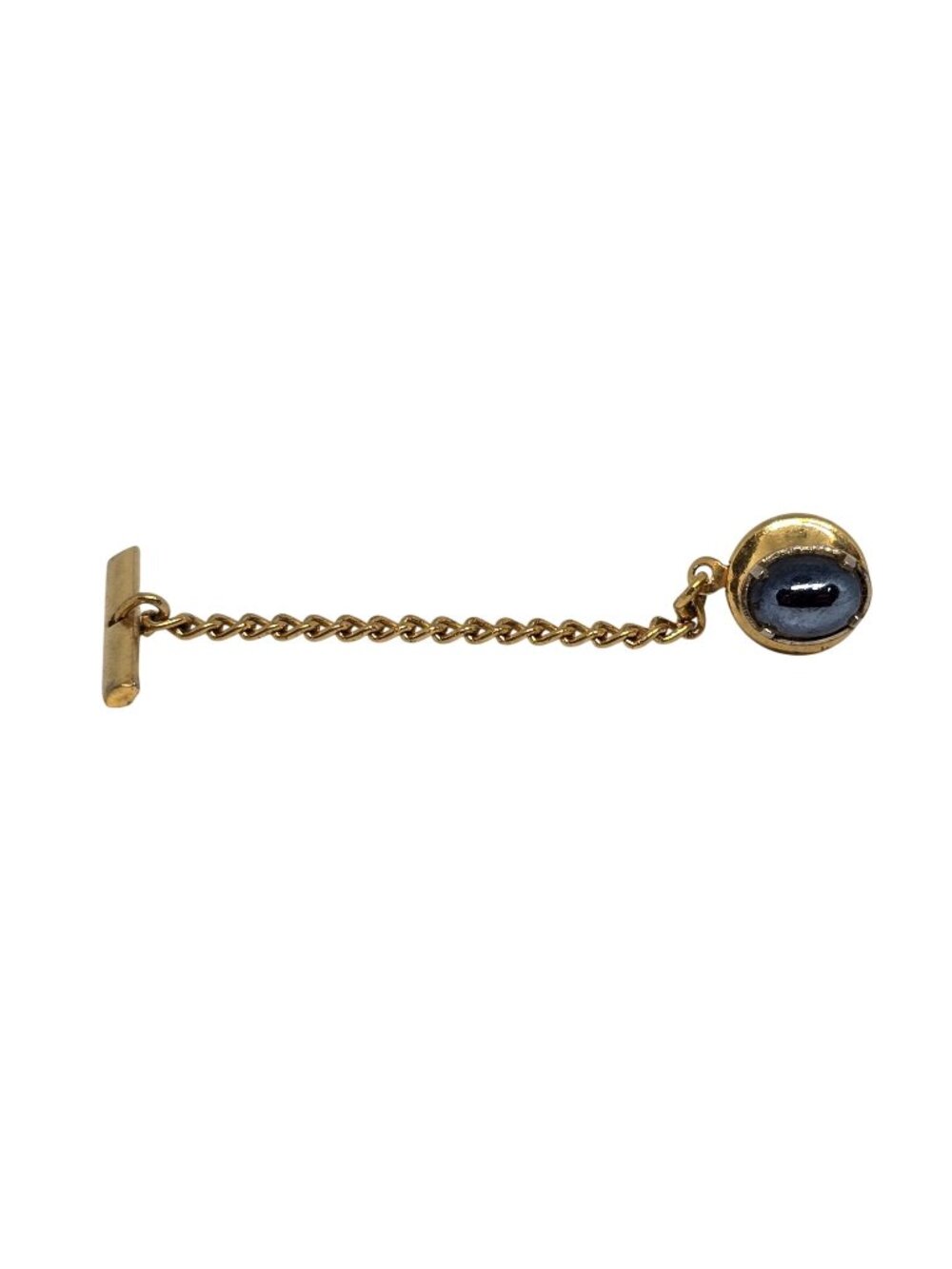 Vintage‎ Gold Tone Tie Tack Chain Blue Cabochon Tie Pin Mens Formal Jewelry